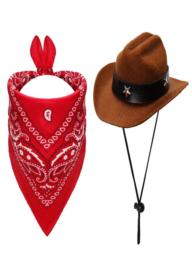 Fumwase Pet Cowboy Costume Halloween Costumes for Dogs Cat Puppy Hats with Bandana Scarf Cowboy Costume Accessories Dog Cat for Party Festival and Daily Wearing(Brown hat + Red, Small) - Image 1